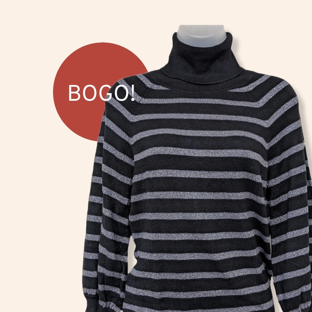 Express Sweater Turtleneck Striped Black Silver Metallic 3/4 Sleeves Small
